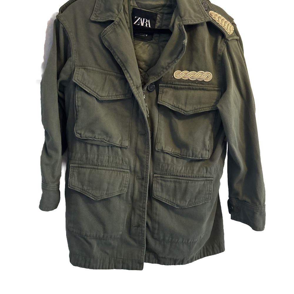 Zara‎ Jacket Womens XS Green Denim Military style Shacket Coat Oversized liner